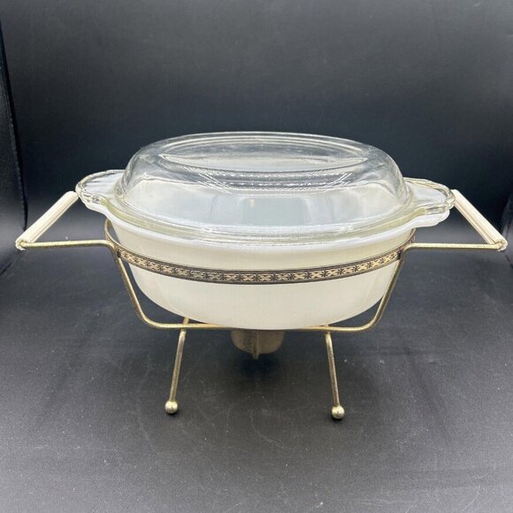 Fire King Milk Glass Casserole Dish w/ Clear Lid 1.5 QT w/ Cradle Candle-Warmer - Picture 1 of 10